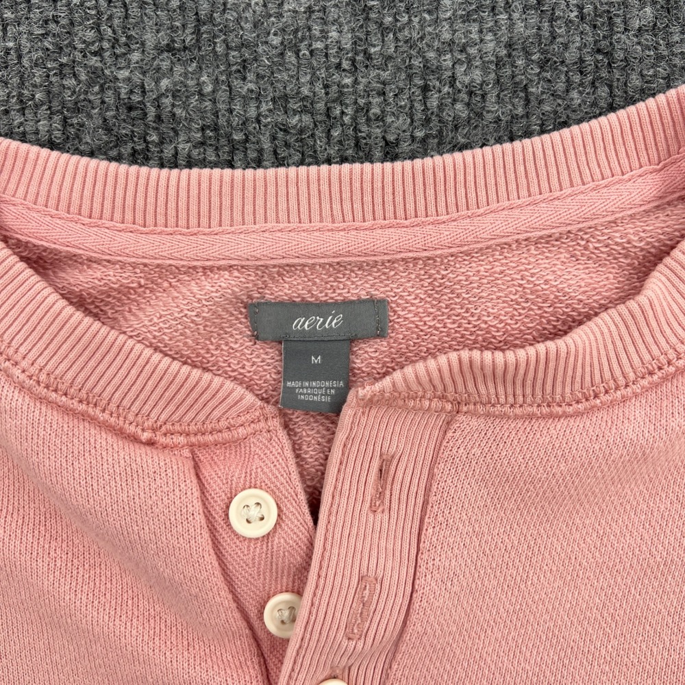 Aerie Henley Crop Sweatshirt Women Medium Pink Long Sleeve Raw Hem Comfy Lounge - Picture 2 of 8